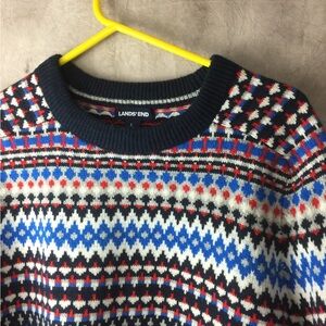 Lands' End Navy, White & Red Fair Isle Crewneck Sweater Large. Warm